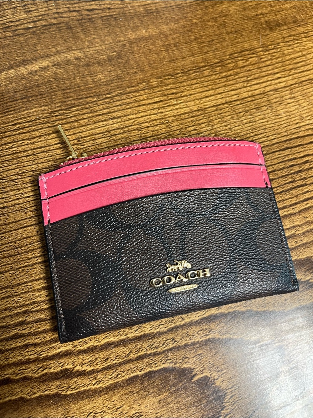 Coach Brown Signature Card Case with Pink Leather Trim